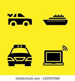 police car, laptop, car and ship vector icon set. Sample icons set for web and graphic design