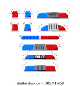 Police car light flashers vector icon set isolated on white background. Red and blue color alert flashing lights in flat cartoon style. Siren police rescue or ambulance light illustration.  svg