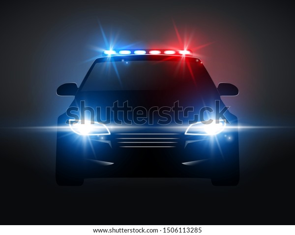 Police car light siren in\
night front view. Patrol cop emergency police car silhouette with\
flasher.