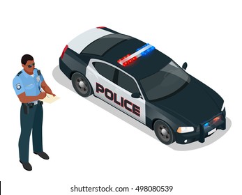 Police car and man in uniform.