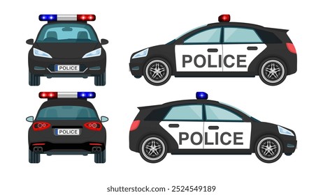 Police Car Mockup: Front, Back and Side Views with Flashing Lights, Siren, and Emblems – Vector.