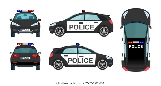 Police Car Mockup: Vector Front, Back, Top and Side Views with Flashing Lights, Siren, and Emblems. 