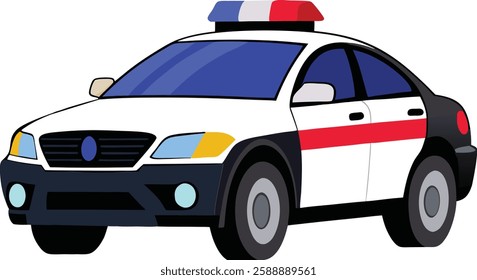 Police car, modern black and white patrol vehicle with flashing red and blue lights, vector illustration on a white background