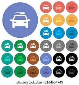 Police car multi colored flat icons on round backgrounds. Included white, light and dark icon variations for hover and active status effects, and bonus shades.