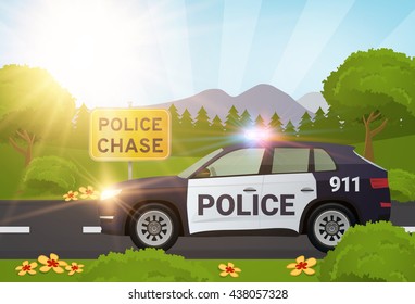 Police car in the nature with police chase sign side view