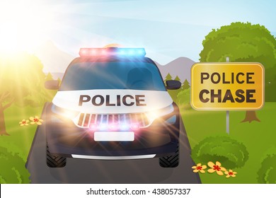 Police Car In The Nature With Police Chase Sign Front View Vector Illustration