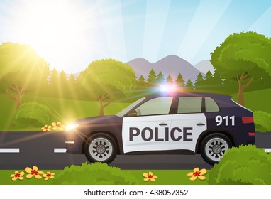 Police car in the nature with police chase sign vector illustration