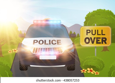 Police car in the nature with pull over sign vector illustration