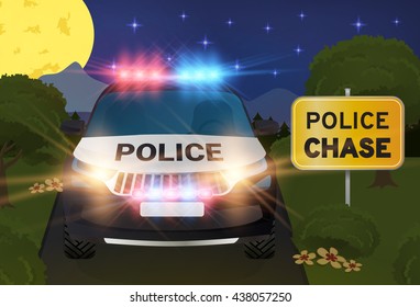 Police car in the night flat vector illustration