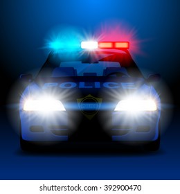 Police car in night with lights in frontal view. Vector illustration svg