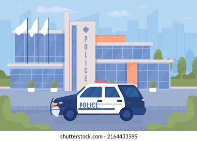 Police car and office on city street flat color vector illustration. Urban service against criminal actions. Fully editable 2D simple cartoon cityscape with sky on background. Bebas Neue font used