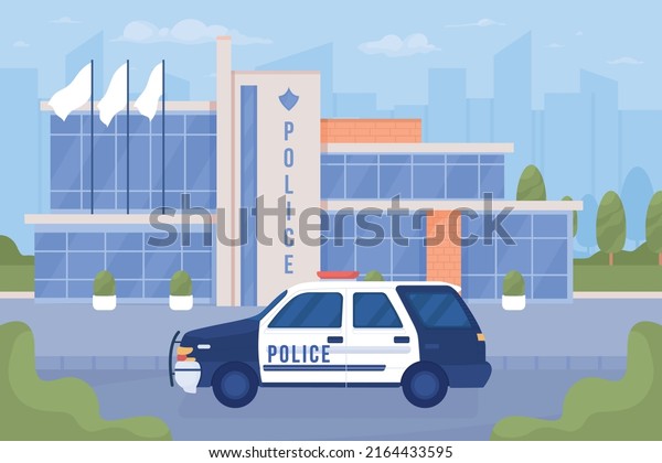 Police car and office on city street flat color\
vector illustration. Urban service against criminal actions. Fully\
editable 2D simple cartoon cityscape with sky on background. Bebas\
Neue font used