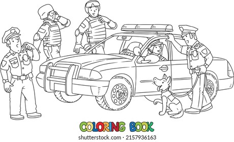 Police car and police officers in uniform. Coloring book. Vector character. Children vector illustration