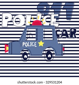 police car on striped background, T-shirt design vector illustration