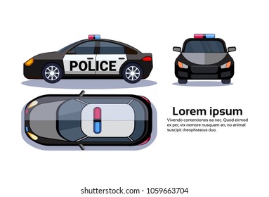 Police Car On White Background Isolated Top, Side And Front View Over Copy Space