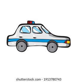 Carro de policía con fondo blanco, transporte de dibujos animados. Ilustración del vector