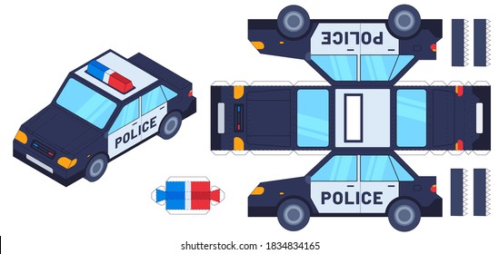 Police car paper cut toy. Kids crafts, create toys with scissors and glue. Paper cop vehicle, 3d model worksheet vector template. Illustration glue craft car, paper application kit