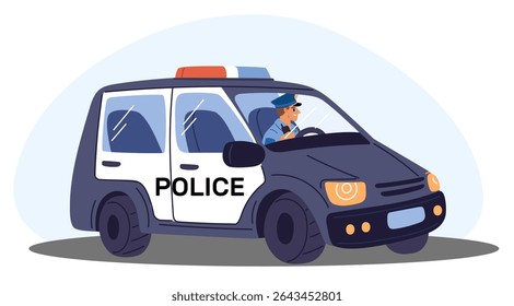 Carro da polícia. Motorista de patrulha atrás do volante. Policial no veículo. Motorista de automóvel. Máquina automotiva com sirene. Segurança da justiça. Transporte policial. Transporte do xerife. Conceito de vetor