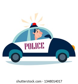 A police car with a patrol rides along the road clipart character. Vector illustration in cartoon style.