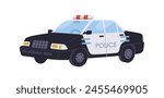 Police car, patrol vehicle. Municipal road cops transport with siren lights. Policeman automobile, emergency transportation, 911 security service. Flat vector illustration isolated on white background