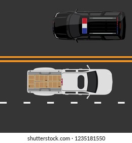 Police car and pick up delivery truck on the asphalt road.