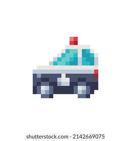 Police car. Pixel art icon, emoji. 8-bit game assets. Sticker design. Isolated vector illustration. Game assets 8-bit sprite.