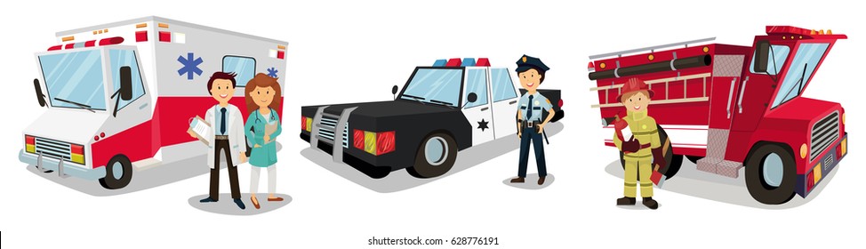 Police car, policeman, sheriff, patrolman, vector, Fire truck, fire, ambulance, ambulance, medical team, doctor, nurse