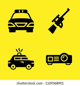 police car, projector, police car and rifle vector icon set. Sample icons set for web and graphic design