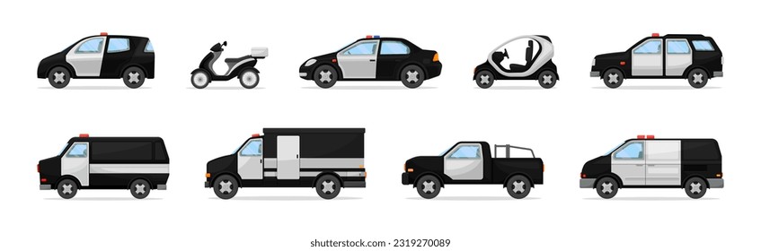 Police Car or Radio Motor Patrol Vehicle with Siren Vector Set