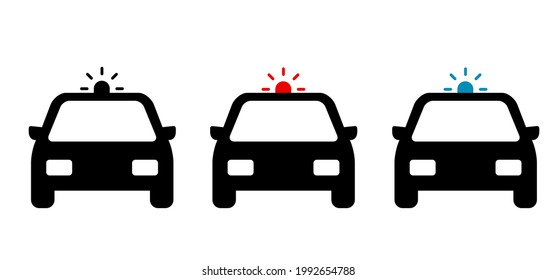 Police car, red and blue flashing, lights. Pursuit, police cars with light and siren. Police traffic stop pictogram or icon. Cartoon vector cars on the highway or street. Crew, security or support.
