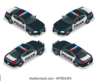 Police car with rooftop flashing lights, a siren and emblems. Isometric cruiser, prowler, squad car, radio mobile patrol RMP. 