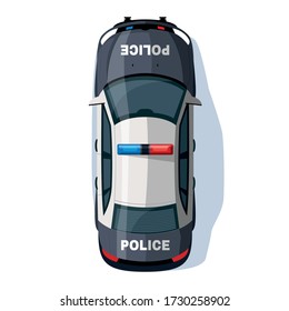 Police car semi flat RGB color vector illustration. Security vehicle with siren lights. Police enforcement transport. Patrol auto isolated cartoon object top view on white background