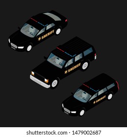 Police car set isometric view isolated on  background. Police transport. Sheriff car