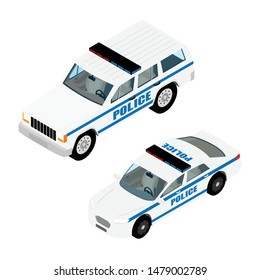 Police car set isometric view isolated on white background. Police transport