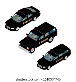 Police car set isometric view isolated on white background. Police transport. Sheriff car