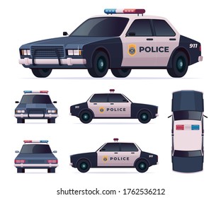 Police Car Set. Patrol Official Vehicle, Cop Automobile Chase And Pursuit Criminals. View Front, Rear, Side, Top.