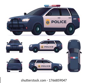 Police Car Set. Patrol Official Vehicle, Cop Automobile Chase And Pursuit Criminals. View Front, Rear, Side, Top.