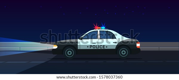 Police car sheriff with flashing light and\
siren driving on road under night dark starry sky. Special security\
patrol transport chasing criminals, riding on emergency call.\
Vector flat\
illustration
