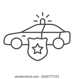 Police car with shield thin line icon, emergency service concept. Vector graphics. Auto vehicle with siren light lamp sign on white background, outline style icon for mobile or web design