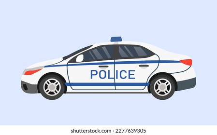 Police car side view. Goverment transport for fight with crime. Guards and officers in car with sirens. . Cartoon flat vector illustration