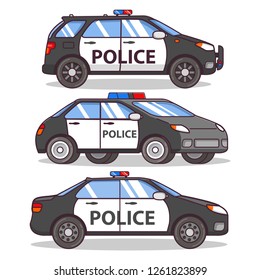 Police car side view isolated on white.Off-road flat line art vector.Patrol car sedan.Police force vehicle.
Isolated on a white background.Vehicle side view.