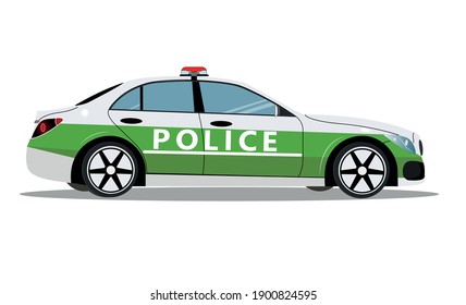 Police car, side view isolated on white background. Police patrol transport. Vector illustration, flat cartoon style. Vector illustration