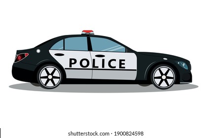 Police car, side view isolated on white background. Police patrol transport. Vector illustration, flat cartoon style. Vector illustration