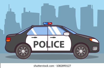 Police car side view. Patrol vehicle of emergency services beacon.Flat line art vector. Concept of design of a poster.