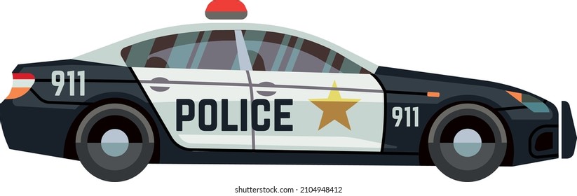 Police car. Side view of patrol auto with siren light