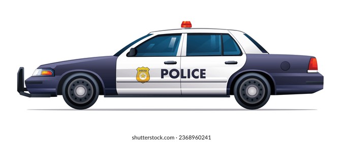 Police car side view vector illustration. City patrol official vehicle isolated on white background