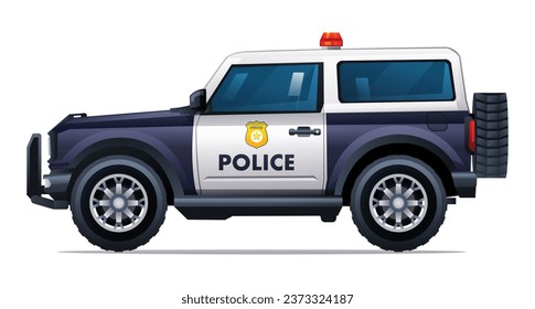 Police car side view vector illustration. Patrol official vehicle, suv 4x4 car isolated on white background