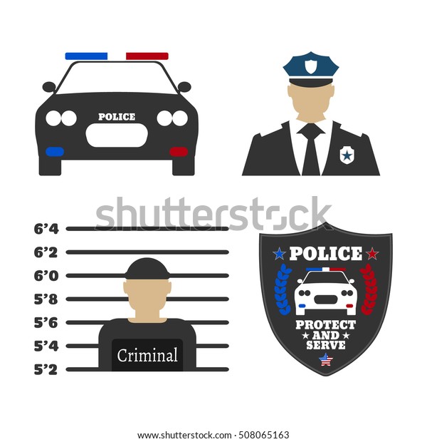 Police car, police sign, officer, criminal\
man. Elements of the police equipment icons. Protect and Serve\
label. Vector\
Illustration.