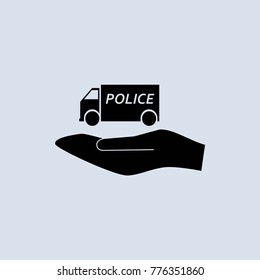 police car sign on the hand vector icon