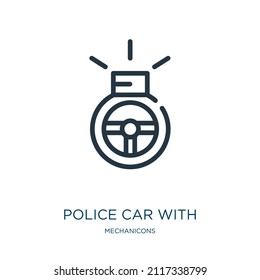 police car with steering wheel thin line icon. road, wheel linear icons from mechanicons concept isolated outline sign. Vector illustration symbol element for web design and apps.